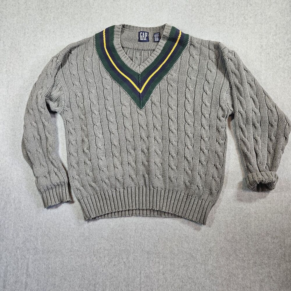 90’s GAP Gray Mens Large Cable Knit Cotton Sweater Tennis Golf Preppy Vintage XL
